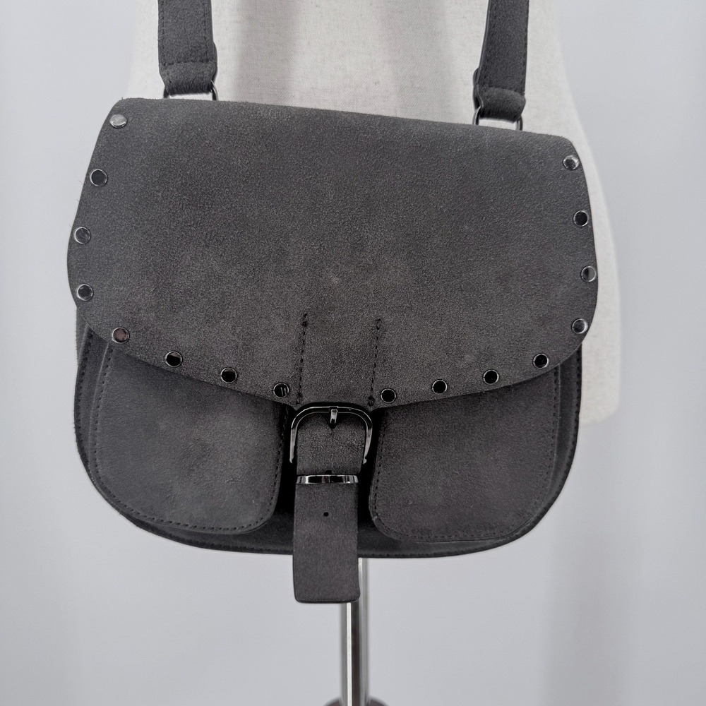 Rebecca Minkoff Grey Suede Studded Saddle Crossbody Bag Gunmetal Hardware‎